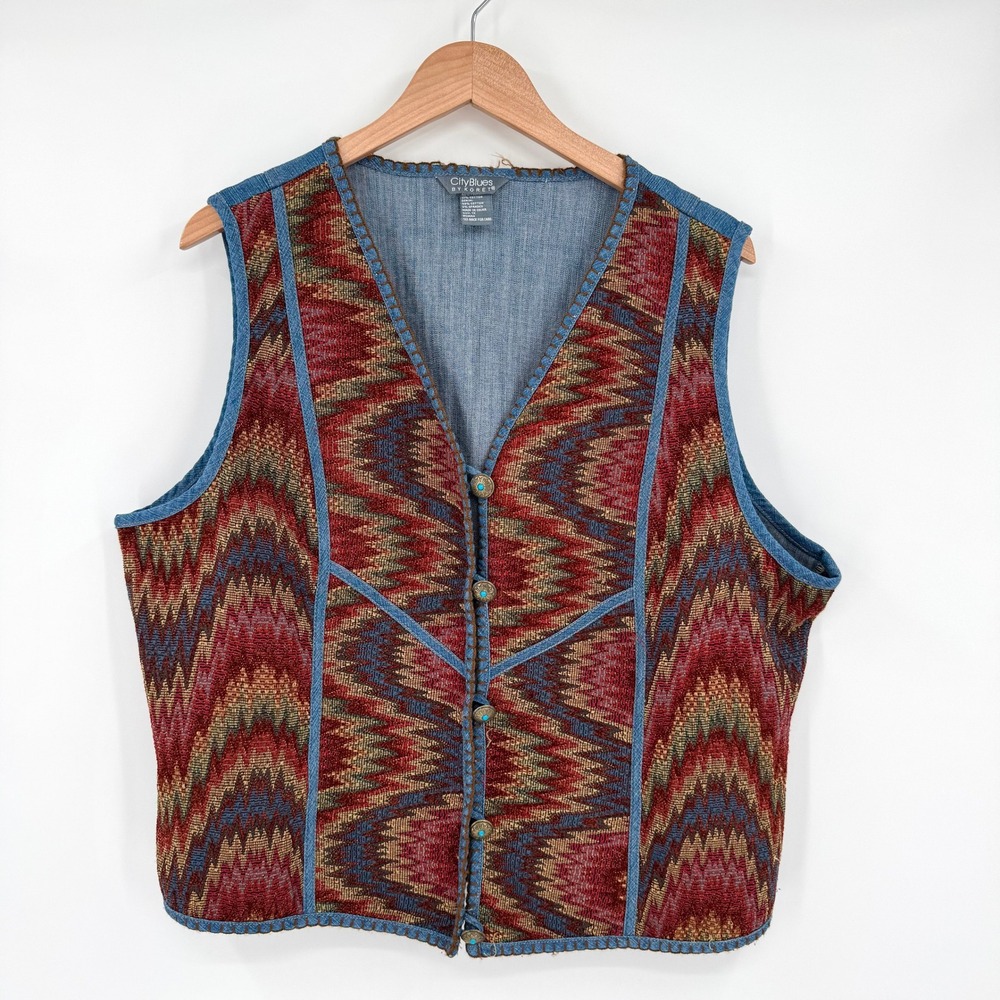 Vintage 90s CityBlues Denim Vest Tapestry Southwestern Buttons Women 1X